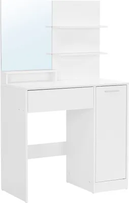 Produktbild von VASAGLE Schminktisch, Frisiertisch, mit Spiegel, Aufbewahrungsfach, 2 verstellbare Ablagen hinter der TÜr, 1 Schublade, 2 Ablagen, weiß RDT119W01