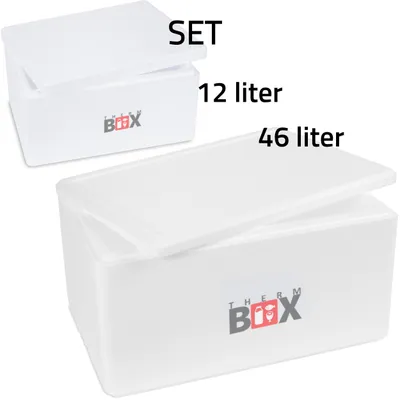 Produktbild von THERM BOX Styroporbox Set 46W & 12W Wand 3cm Volumen 46,59L & 12,24L Isolierboxen Kühlbox Warmhaltebox Wiederverwendbar
