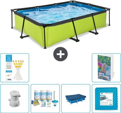 Produktbild von Rechteckiges Schwimmbecken mit Limettengriff - 300 x 200 x 65 cm - mit Pumpe, Wartungspaket, Abdeckung, Fliesen - 7-teilig