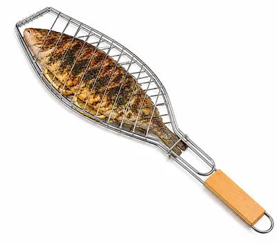Image de 36 x 15 cm Rôtissoire à poisson | Gril à poisson avec poignée en bois | Panier à poisson pour barbecue | Support à poisson avec pince | Pince à poisson pour légumes, crevettes | Pince à poisson pliable | Accessoires pour barbecue - Gril à poisson