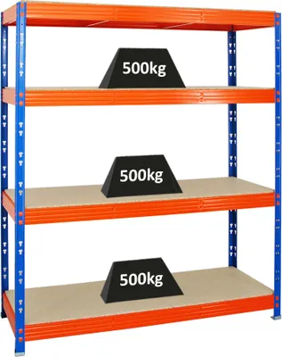 Produktbild von Profi Schwerlastregal RHINO | HxBxT 180x160x60cm | 4 Spanplatten-Ebenen 16mm | Fachlast 500kg | Blau/Orange