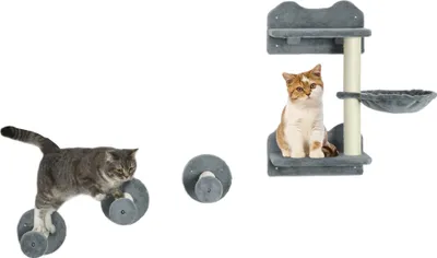 A cat climbing on a wall-mounted cat tree and another cat sitting on a different part of the cat tree.