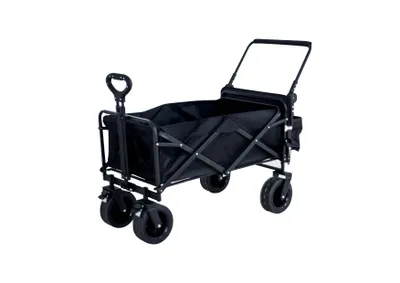 A black foldable outdoor wagon with extra-wide off-road tires is shown against a white background.