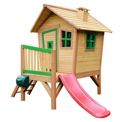 Produktbild von AXI Spielhaus Robin mit roter Rutsche | Stelzenhaus in Braun & Grün aus Holz für Kinder | Spielturm für den Garten