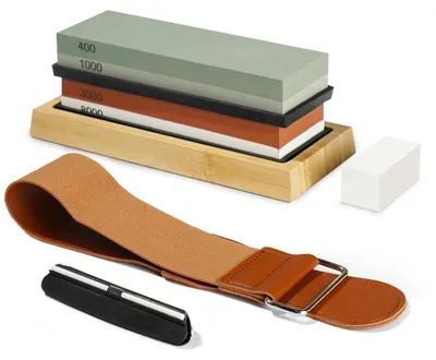 4-in-1 Slijpsteenset mit Bambusbasis und Leder, 400/1000/3000/8000