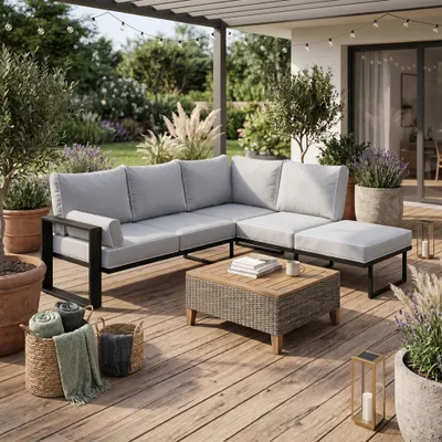 Produktbild von BEAUTYSOFA | VERDINO Gartenecke Grau 2R2 Offen – Garten Lounge Ecke wetterfest mit Metallrahmen, Outdoor Ecksofa, SIMAX 03