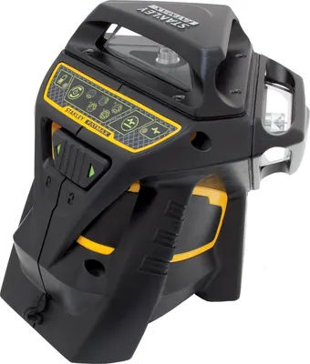 A black and yellow laser leveling device is shown against a white background.