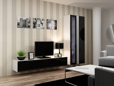 Produktbild von Wohnwand Wohnzimmer - Set Schrankwand VIGO 3B weiß / schwarz Hochglanz 3tlg mit hängendem TV-Schrank hängende Vitrine Hängeschrank 260cm breit