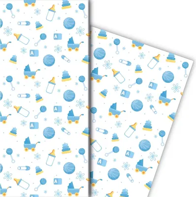 Produktbild von Baby Geschenkpapier mit Spielzeug zur Geburt, zur Taufe, hellblau - G8242, 32 x 48cm