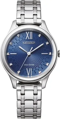 Produktbild von Eco Drive Solar Damenuhr Citizen EM0500-73L Edelstahl blaues Ziffernblatt