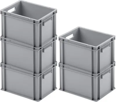 Produktbild von SparSet 5x Eurobehälter mit offenem Griff | HxBxT 23,5x30x40cm | 22 Liter | Grau | Eurobox, Transportbox, Transportbehälter, Stapelbehälter