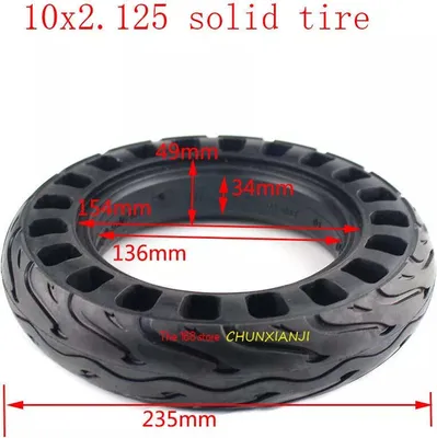 A close-up, slightly angled studio shot of a black solid tire for an electric scooter.