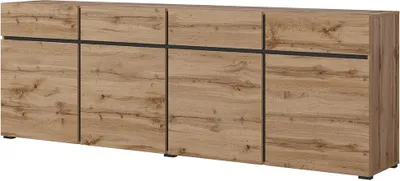Image de Buffet XL coloris chêne et noir 225cm collection HAVANA. Bahut  design avec 4 portes et 4 tiroirs.