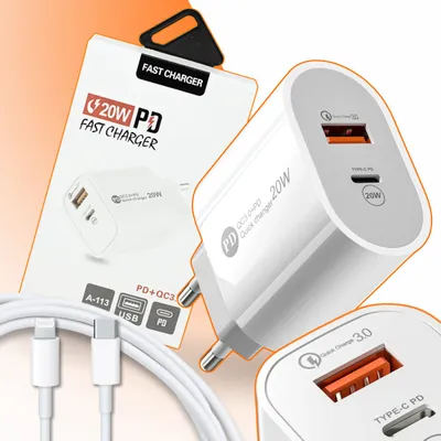 Obrázok produktu pre Hikey rýchlonabíjačka pre iPhone - zdroj USB-C + USB-C-Lightning 1M 20W - Rýchla nabíjačka, nabíjačka iPhone, USB-C adaptér, napájanie 20W