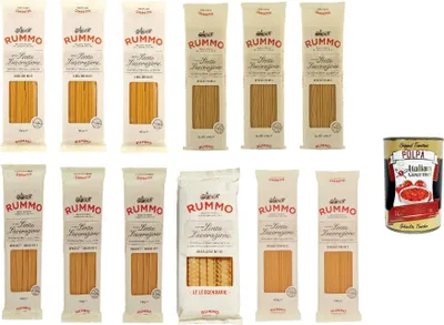 Produktbild von Testpaket Rummo Spaghettini Spaghetti Linguine Mafaldine Hartweizengrieß Pasta Italienische Nudeln 12x 500g Packung + Italian Gourmet Polpa di Pomodoro 400g Dose