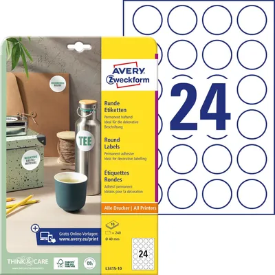 Obrázok produktu pre AVERY Zweckform L3415-10 240 AVERY Zweckform Etiketten L3415-10 weiß 40,0 x 40,0 mm