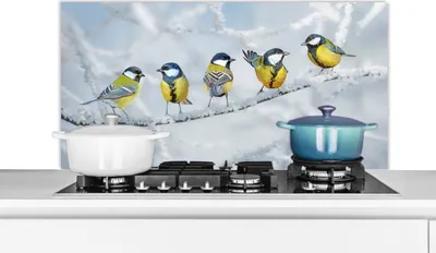 Produktbild von KitchenYeah®  Spritzschutz Küche - Küchenrückwand - Wandschutz für Herd und Spüle - Vogel - Kohlmeise - Winter - Schnee - Zweige 100x50 - Alu-Dibond (Alternative zum Spritzschutz aus Glas) - Hitzebest