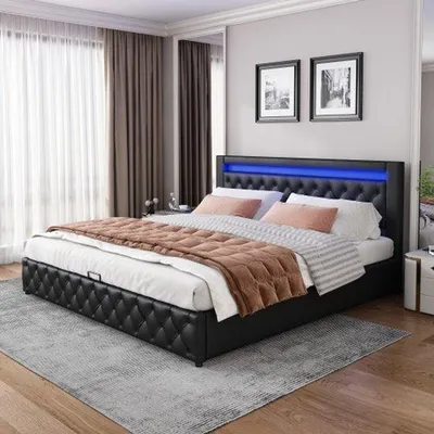 Image de Lit fonctionnel noir avec sommier à lattes et espace de rangement, éclairage LED, fonction de rangement, 140 x 200 cm, revêtement en PU