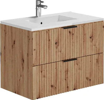 Produktbild von Waschbeckenunterschrank hängend mit Einbauwaschbecken - Streifenoptik - Holzfarben hell - 80 cm - ZEVARA