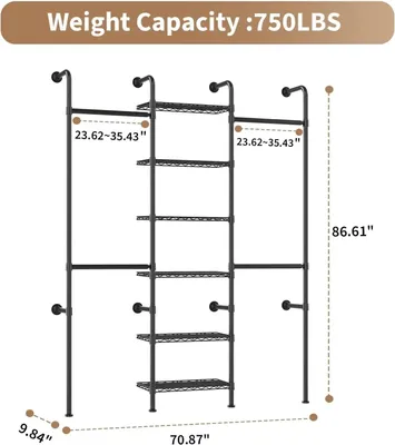 Produktbild von Wandmontiertes Kleiderschrankregal - 6-stöckiges Rohr-Kleidergestell - Ausziehbar 60–90 cm - Tragkraft 340 kg - Mit Kippsicherung - Schwarz