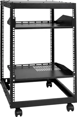 Produktbild von 15U-Server-Rack mit offenem Rahmen, 15''-40'' verstellbare Tiefe, freistehender oder wandmontierter Netzwerk-Server-Rack, 4-Pfosten-AV-Rack mit Rollen, bietet Platz für Ihre gesamte Netzwerk-IT-