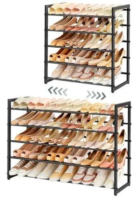 Image de Étagère à chaussures en métal, extensible, noire, avec 5 niveaux réglables, gain de place