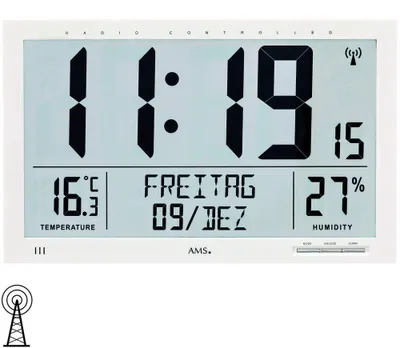 Funk-Wanduhr digital weiß, Datum, Thermometer, Wecker, 37 x 23 cm