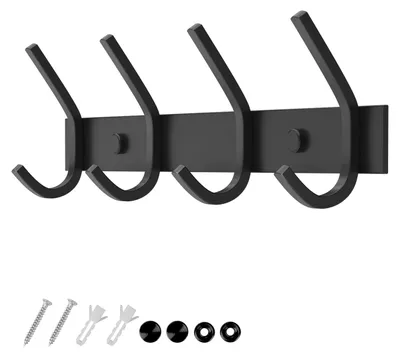 Image de Portemanteau en acier inoxydable avec crochets doubles, capacité de charge jusqu'à 20 kg, noir, 4 crochets