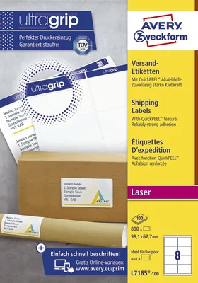 Immagine prodotto di Avery - Adressetiketten - weiß - 99,1 x 67,7 mm - 800 Etikett(en) (100 Bogen x 8) (L7165-100)