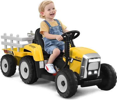 Produktbild von GOPLUS Elektrofahrzeuge mit Anhänger, 3-Gang Elektroauto Traktor mit Fernbedienung, LED-Licht & Musik & Bluetooth, für Kinder ab 3 Jahren, bis 30 kg (Gelb)
