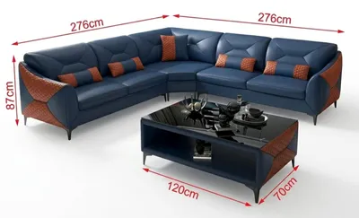 Productafbeelding van Lederen hoekbank, L-vorm, modern, blauw, met oranje salontafel, design, woonkamer