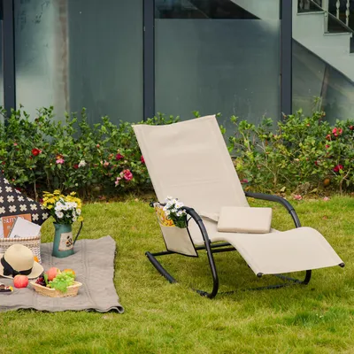 Produktbild von SUGIFT Schaukelliege Metall Mesh, Relaxliege Schaukelstuhl atmungsaktiv, mit Kissen & Seitentasche, Beige | 150x62x88 cm | Stahl-Rahmen | In- & Outdoor