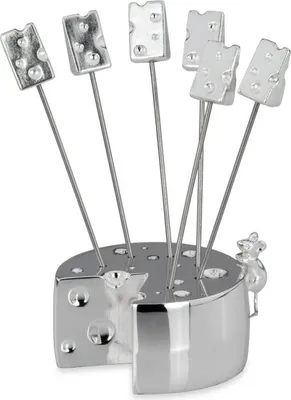 Produktbild von Käsepicker-Set 7-teilig, "Käse/Maus", Käseblock mit 6 Käsepicker, versilbert, Käseblock D 5,0cm H 2