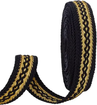 Produktbild von 5 Yards Ethnisches Jacquardband 3/4 Zoll Breite aus Polyester im Boho-Stil mit Goldgewebe für Stoffgestaltung und Nähen in Schwarz