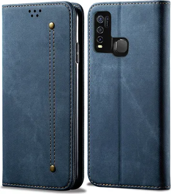 Produktbild von VIVO Y50 Hülle, LaimTop Denim Leder Brieftasche Magnetverschluss Flip Bookstyle Schutzhülle mit Standfunktion für VIVO Y50 VIVO Y50 Blau