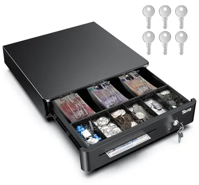 Productafbeelding van Kassalade Geldlade - Kassalade met sleutel - 35,6 x 33 x 9 cm - 12V - Metalen frame - Zwart