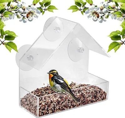 Produktbild von Vogelhaeuschen Fenster Papageienfutterautomat Vogelfutterbox Aussenvogelhaeuschen Wasserdichtes Acrylhausfoermiges Vogelfuttergeraet mit 4 Saugnaepfen