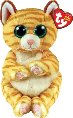 A plush toy cat with large, glittery green eyes and orange and white stripes.