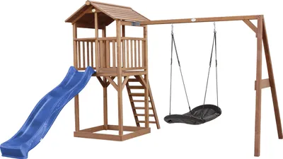 Produktbild von AXI Beach Tower Spielturm aus Holz in Braun | Spielhaus für Kinder mit blauer Rutsche, Nestschaukel und Sandkasten | Stelzenhaus für den Garten