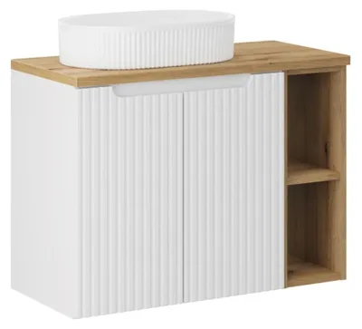 Produktbild von Set VANO weiß 80cm: Unterschrank mit Schränken und sichtbaren Nischen + Platte für Waschbecken + aufgesetztes gerilltes Waschbecken