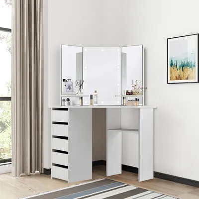 Produktbild von ML-Design Schminktisch Weiß, Frisiertisch mit LED-Beleuchtung, 3 Spiegel, 5 Schubladen & 3 Ablagefächern, 110x141,5x54 cm, Kosmetiktisch aus MDF Holz