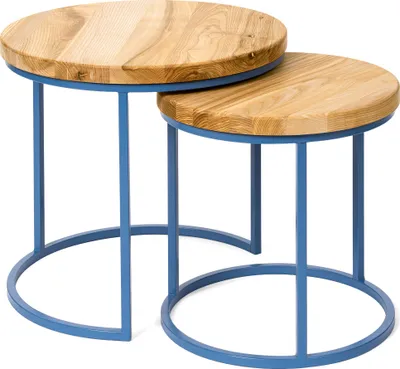 Immagine prodotto di LAMO Manufaktur Tavolini da salotto moderni sovrapponibili in legno - set di 2 pezzi - Tavolino rotondo da salotto, tavolino laterale da divano - Tavolini piccoli rotondi - Colore: rustico, gambe: blu