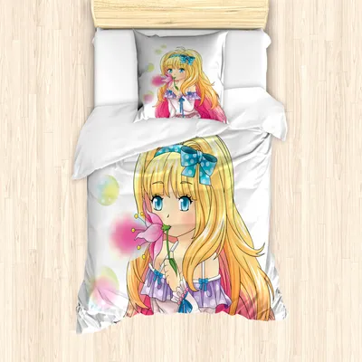Produktbild von ABAKUHAUS Anime Mantele, Manga Cartoon-Grafik, Milbensicher Allergiker geeignet mit Kissenbezügen, 135 cm x 200 cm - 80 x 80 cm, rosa Gelb