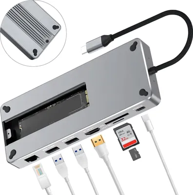 Produktbild von Reagle Hub 2-in-1 USB A C mit SSD NVMe SATA M.2 Gehäuse mit HDMI Ethernet PD100W