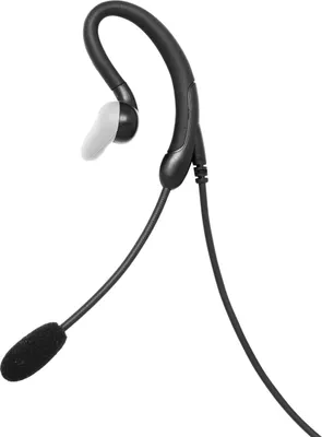 A black headset with a microphone on a white background.