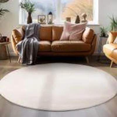 Produktbild von Moderner flauschiger Kurzflor Teppich einfarbig, rutschfest, waschbar & soft - perfekter Komfort für Zuhause, Größe: 200 cm Rund, Farbe: Creme