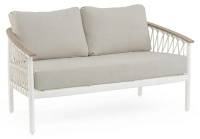 Produktbild von GAUDIX 2-Sitzer-Gartensofa mit beigen Kissen, Seilgeflecht und weißem Gestell