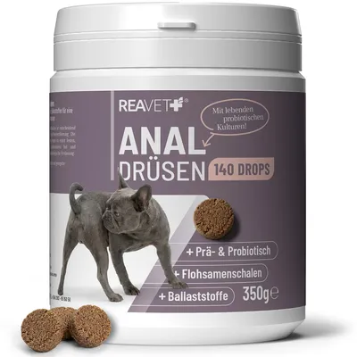 Produktbild von REAVET Analdrüsen Unterstützung Hund 350g (140 Drops) – Bei Po-Rutschen & vollen Analdrüsen – Flohsamenschalen, Ballaststoffe & lebende Kulturen – Für feste Kotkonsistenz – Getreidefrei