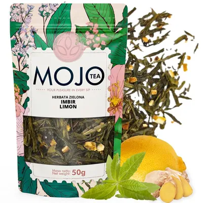 Produktbild von Mojo Tea Grüner Tee Sencha Ingwer & Zitrone 50 g - Aromatisierter loser Grüntee mit Ingwer und frischer Zitronennote Belebender Kräutertee