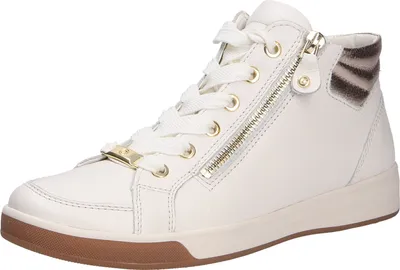 A single white high-top sneaker with gold accents and a zebra-print detail on the heel.